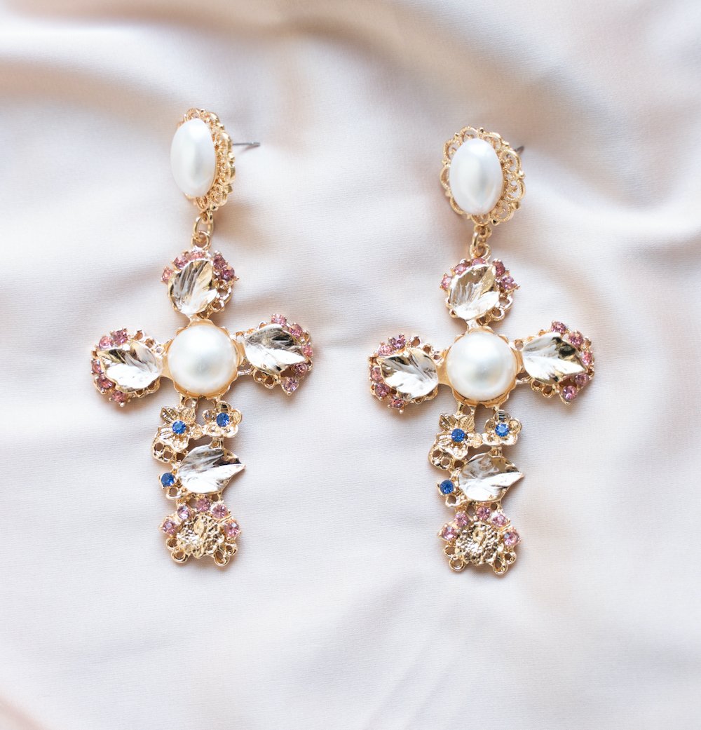 Sofia Embellished Pearl Cross Earrings