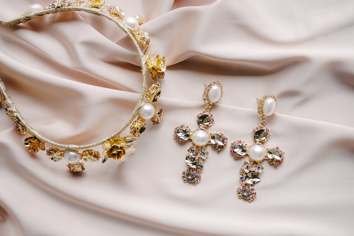Sofia Embellished Pearl Cross Earrings